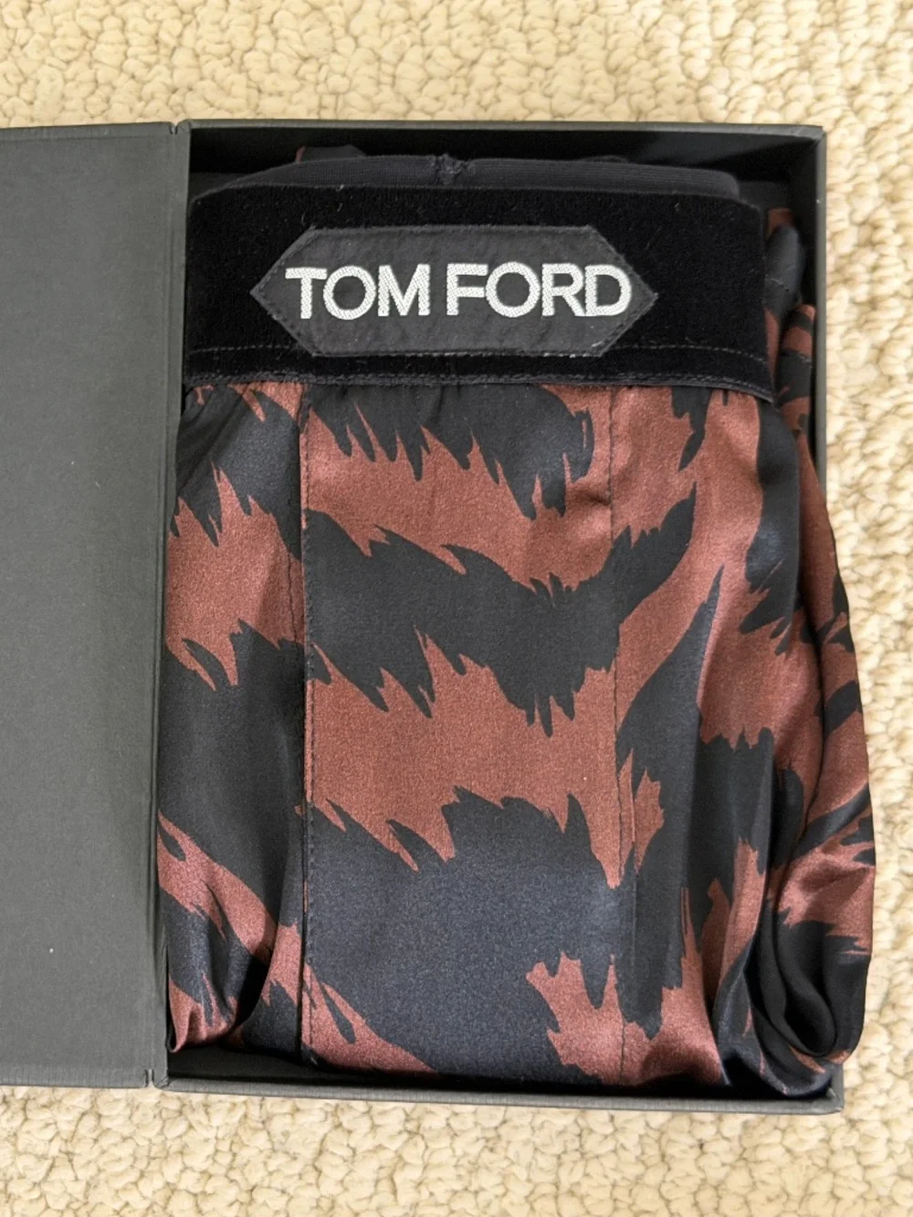 Tom Ford Brown Black Zebra Stretch Silk Logo Velvet Waistband Boxer Shorts